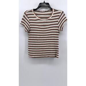 DON'T ASK WHY Women's White-Red Striped Crewneck Short Sleeve Top SZ OS